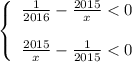 \left \{ \begin{array}{ccc} \frac{1}{2016} - \frac{2015}{x} < 0\\ \\ \frac{2015}{x} - \frac{1}{2015} < 0 \end{array}\right