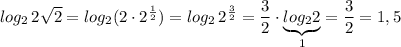 log_2\, 2\sqrt{2}=log_2(2\cdot 2^{\frac{1}{2}})=log_2\, 2^{\frac{3}{2}}=\dfrac{3}{2}\cdot \underbrace{log_22}_{1}=\dfrac{3}{2}=1,5