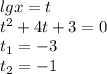 lgx = t \\ {t}^{2} + 4t + 3 = 0 \\ t_{1} = - 3 \\ t_{2} = - 1