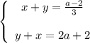 \left \{ \begin{array}{ccc} x+y=\frac{a-2}{3} \\ \\ y+x=2a+2 \end{array}\right