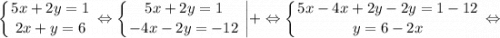 \displaystyle \left \{ {{5x+2y=1} \atop {2x+y=6}} \right. \Leftrightarrow \left \{ {{5x+2y=1} \atop {-4x-2y=-12}} \right. \bigg |+ \Leftrightarrow \left \{ {{5x-4x+2y-2y=1-12} \atop {y=6-2x}} \right. \Leftrightarrow