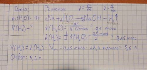 Найти объём водорода который выделился при взаимодействии 9 грамм воды и натрия
