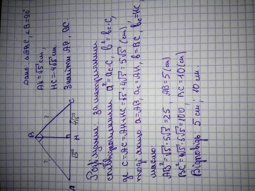 Знайдіть катети прямокутного трикутника, якщо проекції катетів на гіпотенузу дорівнюють √5 см і 4√5