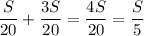 \displaystyle \frac{S}{20}+\frac{3S}{20 }=\frac{4S}{20} = \frac{S}{5} }