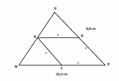Ромб RTPK вписан в треугольник MNP так, что точка R лежит на стороне МN, а угол P - общий. Чему равн