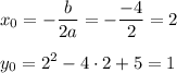 \displaystyle x_0=-\frac{b}{2a}=-\frac{-4}{2}=2\\ \\ y_0=2^2-4\cdot 2+5=1