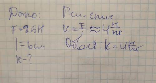 Під час сили 25 H пружина видовжилася на 6 см. Чому дорівнює жорстокість пружини?