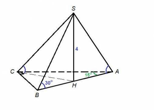 Основанием пирамиды является прямоугольный треугольник с углом 15°, высота пирамиды равна 4 см, а бо
