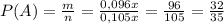 \displatstyle P(A)=\frac{m}{n}=\frac{0,096x}{0,105x} =\frac{96}{105} =\frac{32}{35}