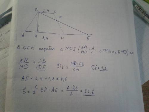 Втрапеции авсd bc и аd параллельны, вс=2,4, da=6,4. на стороне cd взята точка м так, что см: мd как 