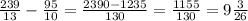 \frac{239}{13} - \frac{95}{10}= \frac{2390 - 1235}{130}= \frac{1155}{130}= 9\frac{3}{26}