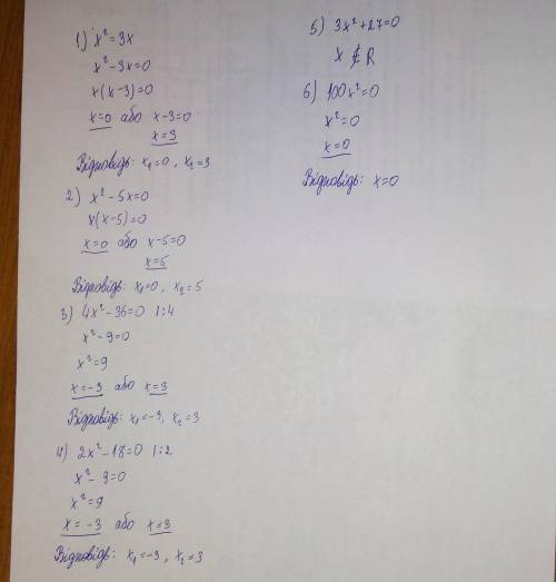 Решите до 07; 20 часов1) х2=3х2)х2-5х=03)4х2-36=04)2х2-18=05)3х2+27=06)100х2=0
