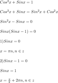 Cos^{2}x+Sinx=1\\\\Cos^{2}x+Sinx=Sin^{2}x+Cos^{2}x\\\\Sin^{2}x-Sinx=0\\\\Sinx(Sinx-1)=0\\\\1)Sinx=0\\\\x=\pi n,n\in z\\\\2)Sinx-1=0\\\\Sinx=1\\\\x=\frac{\pi }{2}+2\pi n,n\in z