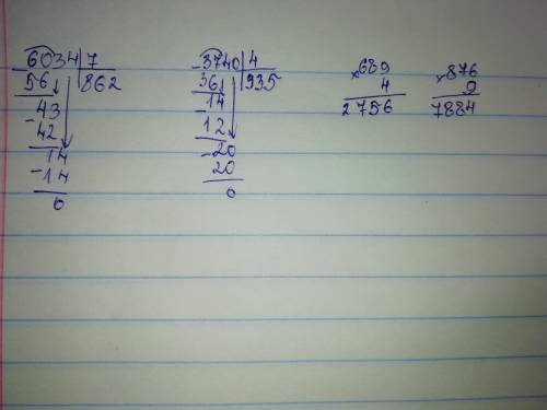 Решить в столбик: 6034: 7, 3740: 4, 689х4, 876х9.