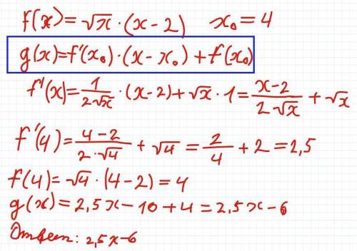 Напишите уравнение касательной к графику функции f(x)=√x*(x-2), проходящей через точку x0=4