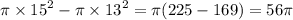 \pi \times {15}^{2} - \pi \times {13}^{2} = \pi(225 - 169) = 56\pi