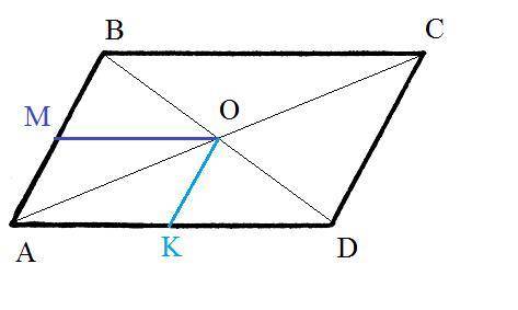 Впараллелограмме авсd точка о точку пересечения диагоналей а точка м и к принадлежит соотвественно с