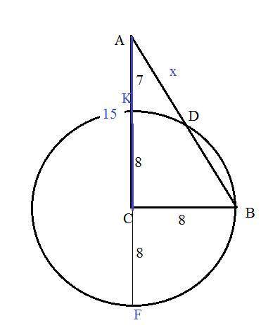 Утрикутнику авс катети ас=15 см. вс=8 см. из вершини прямого кута с радиусом вс описано дугу що видт