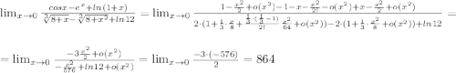 \\ \\ \lim_{x \to 0} \frac{cosx-e^{x}+ln(1+x)}{\sqrt[3]{8+x}-\sqrt[3]{8+x^2}+ln12}=\lim_{x \to 0}\frac{1-\frac{x^2}{2}+o(x^3)-1-x-\frac{x^2}{2!}-o(x^2)+x-\frac{x^2}{2}+o(x^2)}{2\cdot (1+\frac{1}{3}\cdot\frac{x}{8} +\frac{\frac{1}{3} \cdot(\frac{1}{3}-1)}{2!} \frac{x^2}{64}+o(x^2))-2\cdot(1+\frac{1}{3}\cdot\frac{x^2}{8}+o(x^2))+ln12}=\\ \\=\lim_{x \to 0}\frac{-3\frac{x^2}{2}+o(x^2)}{-\frac{x^2}{576}+ln12+o(x^2)}=\lim_{x \to 0}\frac{-3\cdot(-576)}{2}=864