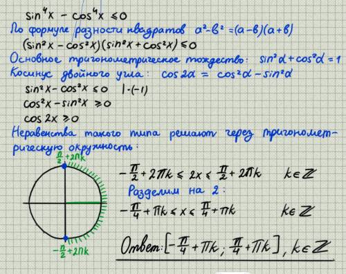 Решите тригонометрическое неравенство: sin^4 x- cos^4 x ≤ 0 максимально подробно, , 69 !