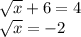  \sqrt{x} + 6 = 4 \\ \sqrt{x} = - 2