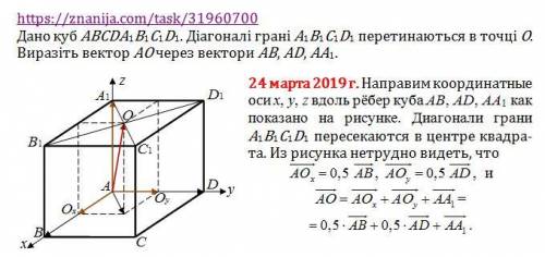 Дано куб abcda1b1c1d1. діагоналі грані a1b1c1d1 перетинаються в точці o. виразіть вектор аo через ве