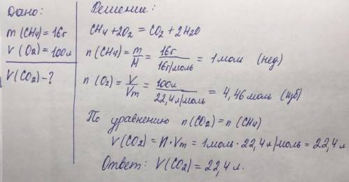 Сделайте, для сжигания 16 грамм метана использовали 100 литров кислорода. какой объем углекислого га