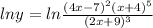 \(lny=ln\frac{(4x-7)^2(x+4)^5}{(2x+9)^3}\)