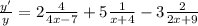 \(\frac{y'}{y}=2\frac{4}{4x-7}+5\frac{1}{x+4}-3\frac{2}{2x+9}\)