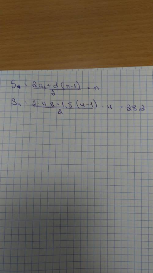 Варифметичній прогресії знайти перший член якщо а4=4,8 d=1,5 (також знайти суму чотирьох перчих член