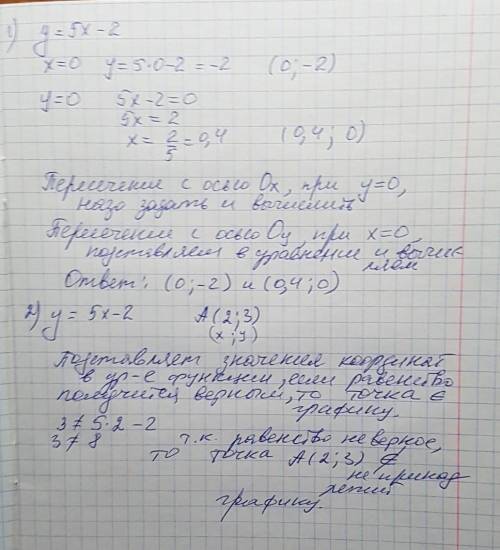 Как (без построения) найти координаты точек пересечения графика с осями координат? y=5x-2 a(2; 3) с 