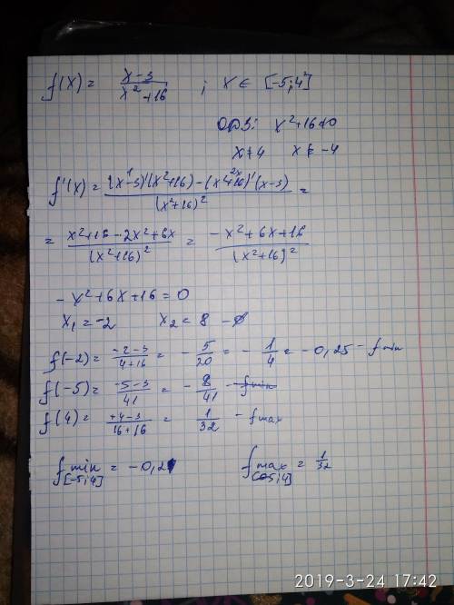 Найдите наибольшее и наименьшее значение функции на отрезке [-5; 4] f(x)= x-3/x^2+16