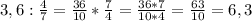 3,6:\frac{4}{7}=\frac{36}{10}*\frac{7}{4}=\frac{36*7}{10*4}=\frac{63}{10}=6,3