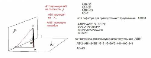 Найдите длину отрезка ab заключенного между гранями прямого двугранного угла, если проекции этого от