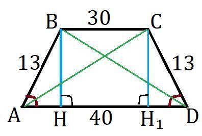 Основнания равнобокой трапеции равны 30дм и 40дм,а её боковая сторона 13дм. найдите диагональ трапец