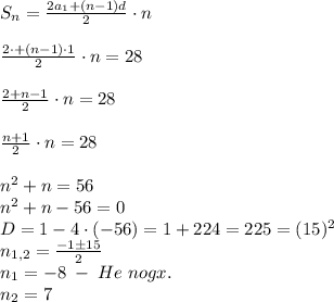 S_n=\frac{2a_1+(n-1)d}2\cdot n\\\\\frac{2\cdot+(n-1)\cdot1}2\cdot n=28\\\\\frac{2+n-1}2\cdot n=28\\\\\frac{n+1}2\cdot n=28\\\\n^2+n=56\\n^2+n-56=0\\D=1-4\cdot(-56)=1+224=225=(15)^2\\n_{1,2}=\frac{-1\pm15}2\\n_1=-8\;-\;He\;nogx.\\n_2=7