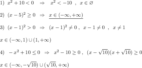 1)\; \; x^2+10<0\; \; \; \Rightarrow \; \; \; x^2<-10\; \; ,\; \; x\in \varnothing \\\\2)\; \; (x-5)^2\geq 0\; \; \Rightarrow \; \; \underline {x\in (-\infty ,+\infty )}\\\\3)\; \; (x-1)^20\; \; \Rightarrow \; \; (x-1)^2\ne 0\; ,\; \; x-1\ne 0\; \; ,\; \; x\ne 1\\\\x\in (-\infty ,1)\cup (1,+\infty )\\\\4)\; \; -x^2+10\leq 0\; \; \Rightarrow \; \; x^2-10\geq 0\; ,\; \; (x-\sqrt{10})(x+\sqrt{10})\geq 0\\\\x\in (-\infty ,-\sqrt{10})\cup (\sqrt{10},+\infty )