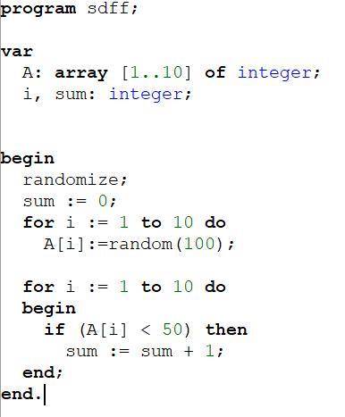 Создайте программу на паскале. программа вводит случайный массив из 10 чисел и считает сколько элеме
