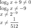 \log_2 x+9\neq 0\\\log_2 x \neq -9\\x \neq 2^{-9}\\x \neq \dfrac{1}{512}