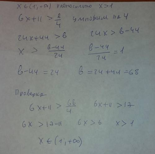 При каких значениях в множеством решений неравенства 6х+11> b/4является числовой промежуток (1; +