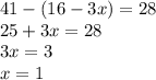 41 - (16 - 3x) = 28 \\ 25 + 3x = 28 \\ 3x = 3 \\ x = 1