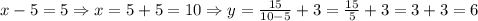 x-5=5 \Rightarrow x=5+5=10 \Rightarrow y= \frac{15}{10-5}+ 3= \frac{15}{5}+ 3=3+3=6