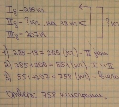 В1 день 285кг во 2 день на19 кг меньше чем в 1 день в 3 день 207 кг. составьте и запишите краткую за