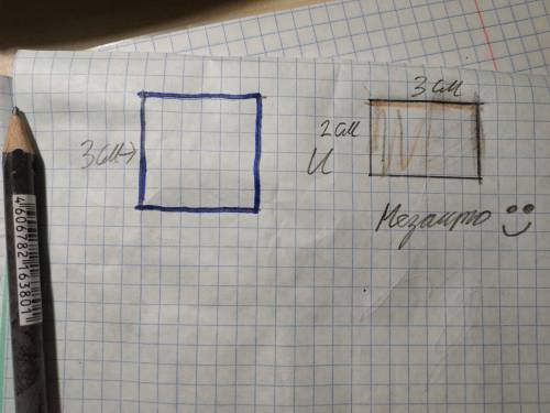 Накресли квадрат зі стороную 3 см і прямокутник зі стронами 2 см і 3 см . обведи фігуру з більшим пе