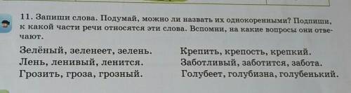 11. Запиши слова. Подумай, можно ли назвать их однокоренными? Подпиши,к какой части речи относятся э