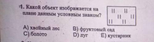 1. Какой объект изображается наПлане данным условным знаком?1.А) хвойный лесC) болотоB) фруктовый са