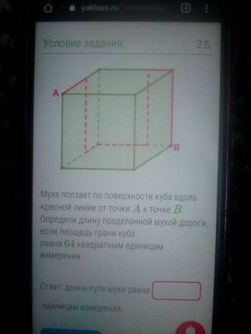Муха ползает по поверхности куба вдоль красной линии от точки а к точке в. Определи длину проделанно