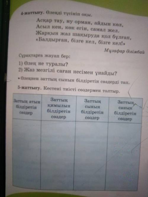 Кестені тиісті сөздермен толтыр.