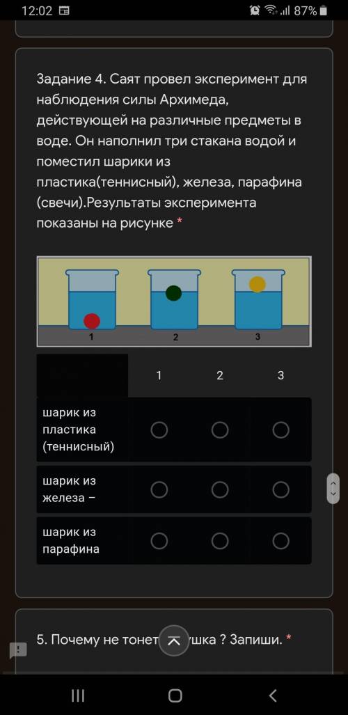 Задание 4. Саят провел эксперимент для наблюдения силы Архимеда, действующей на различные предметы в