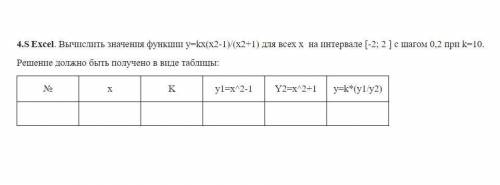 Excel. Вычислить значения функции y=kx(x2-1)/(x2+1) для всех x на интервале [-2; 2 ] с шагом 0,2 при